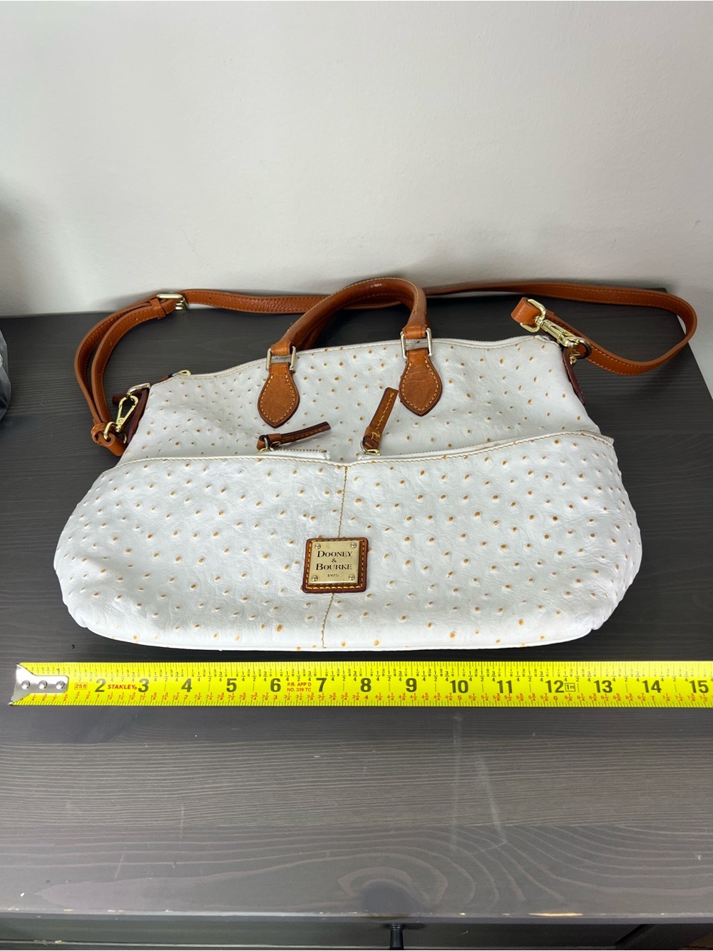 Dooney & Bourke White Ostrich Embossed Leather Satchel Tote Bag - Picture 15 of 16